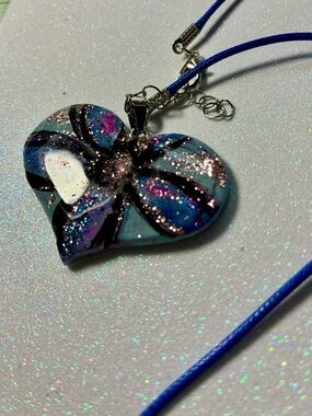 Handmade Heart Pendant Necklace in Teal, Purple & Black